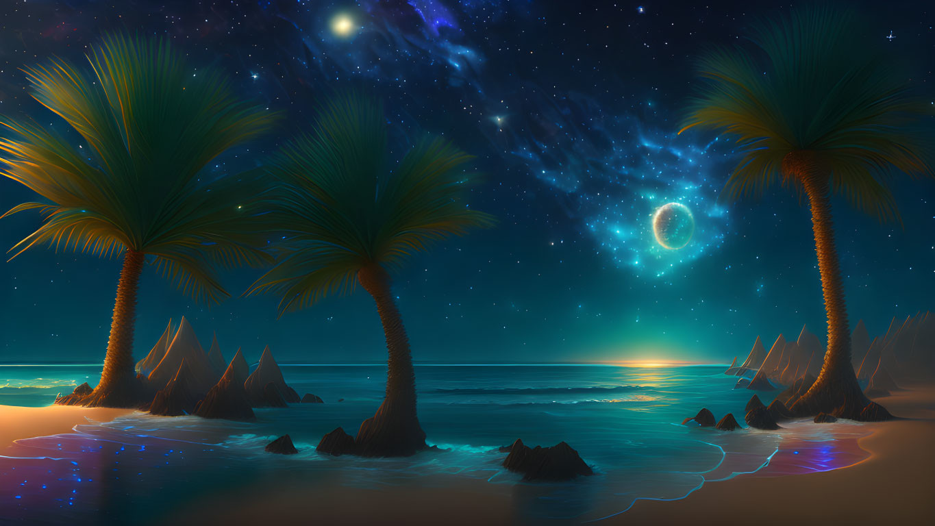 Night beach scene: glowing plankton, palm trees, starry sky with galaxy and nebula