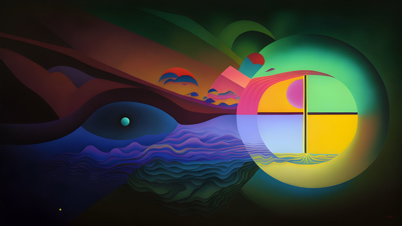 Colorful Abstract Art: Stylized Eye, Waves, and Sunset Circle in Cross-Divided