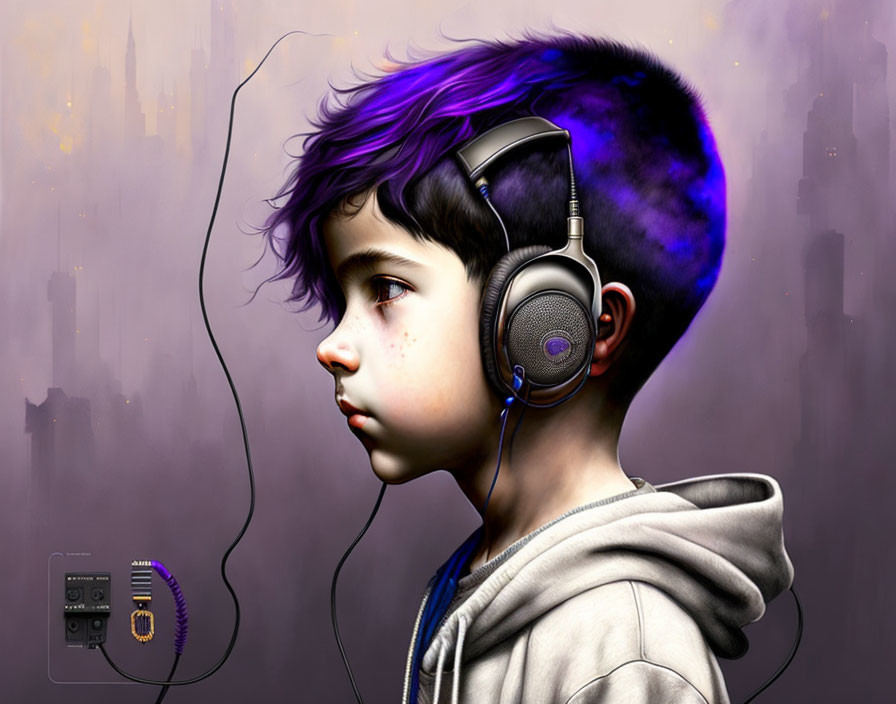 Digital illustration: Young person with purple-tinted hair, headphones, urban background