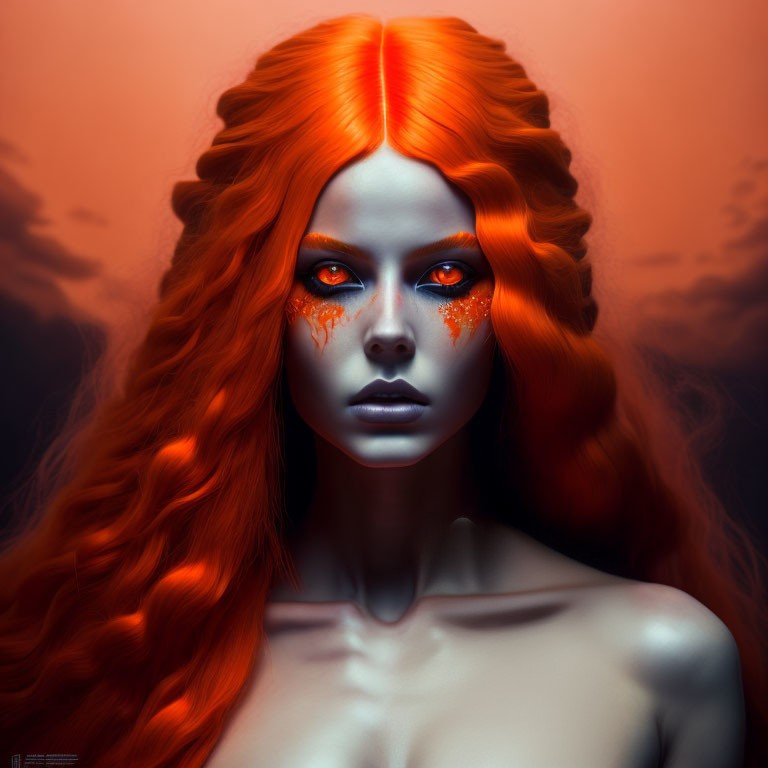 Portrait of woman with red hair and orange eyes against fiery background