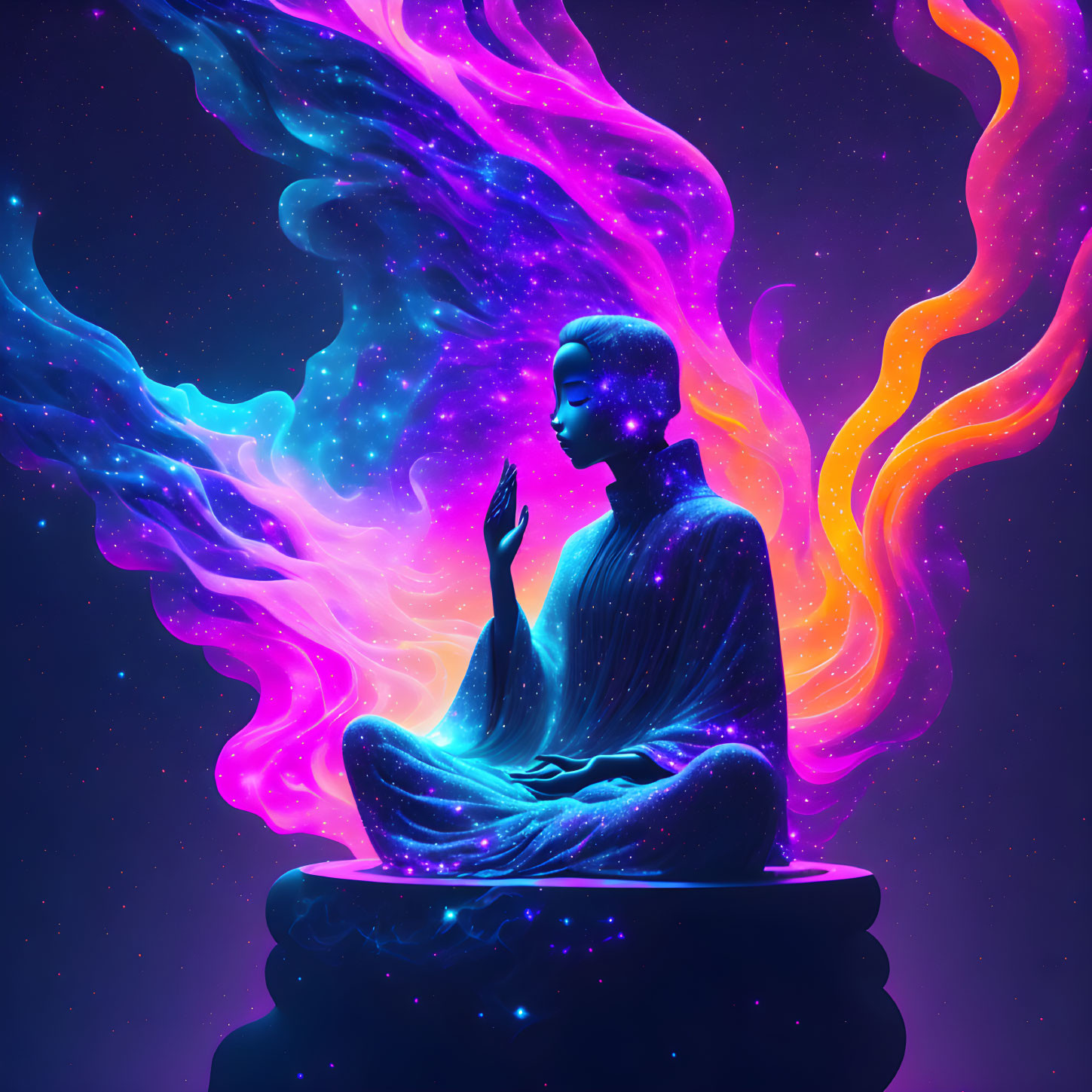 Colorful cosmic meditation scene with swirling energy against starry backdrop