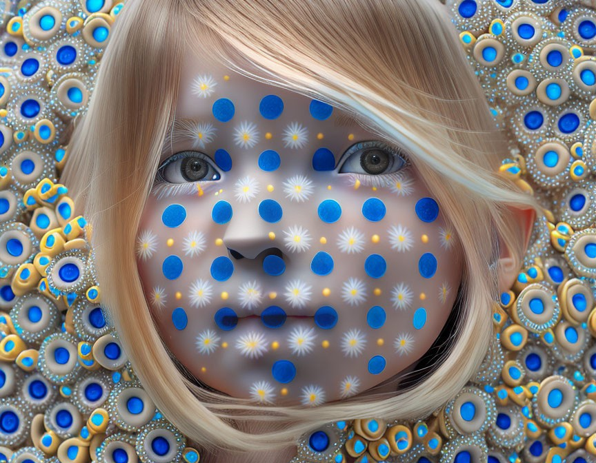 Child's face with blue eyes and dotted star pattern on colorful backdrop