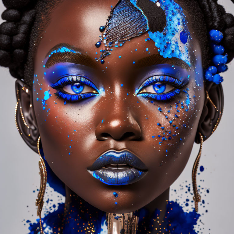 Portrait of person with intricate blue makeup and paint splatters and bold eyeshadow.