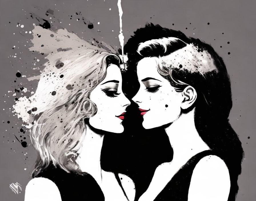 Illustrated women with blonde and black hair in close proximity on gray background