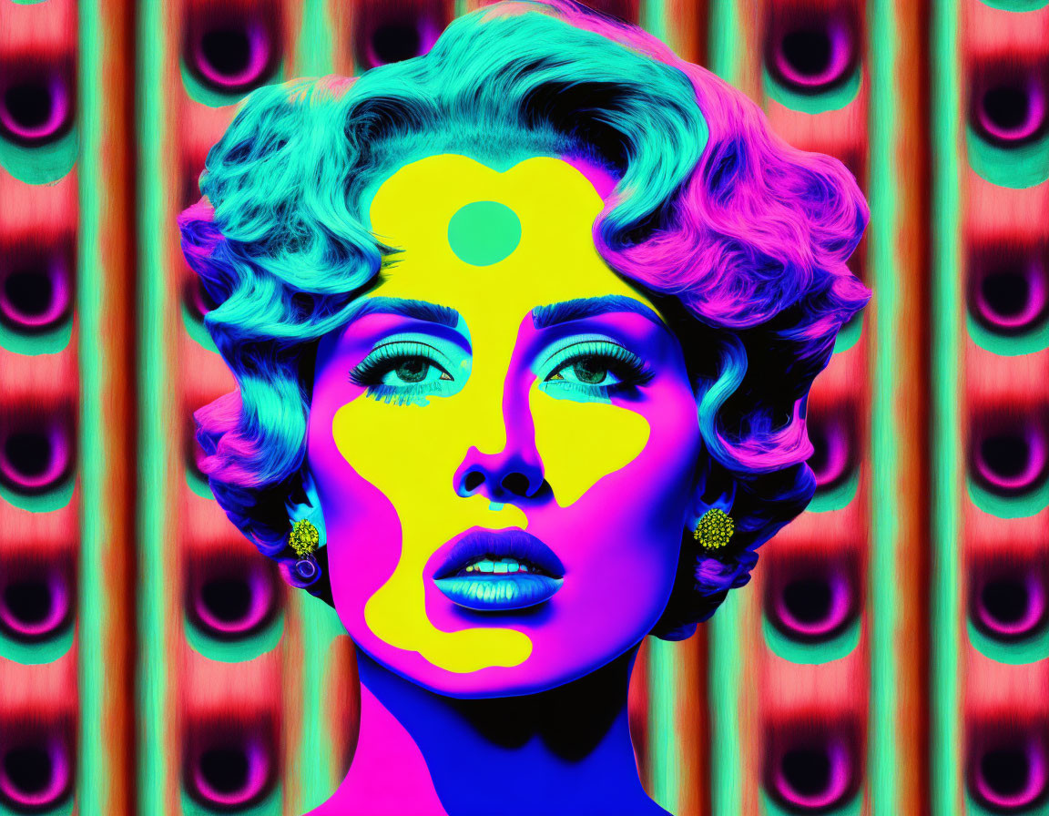 Neon digital art portrait of woman with classic hairstyle