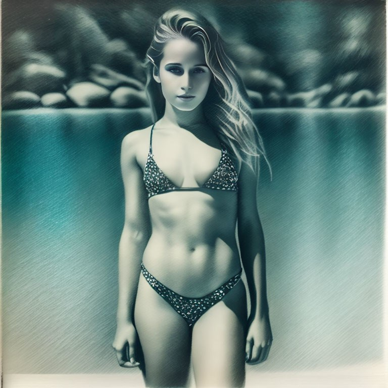 Stylized image: Woman in polka dot bikini by rocky riverside