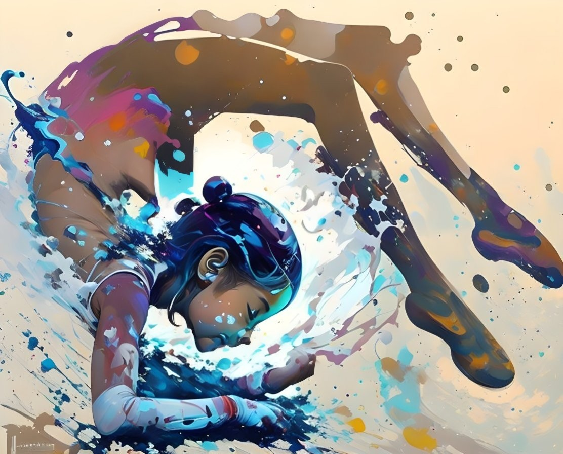 Vibrant female figure diving into colorful water splash artwork