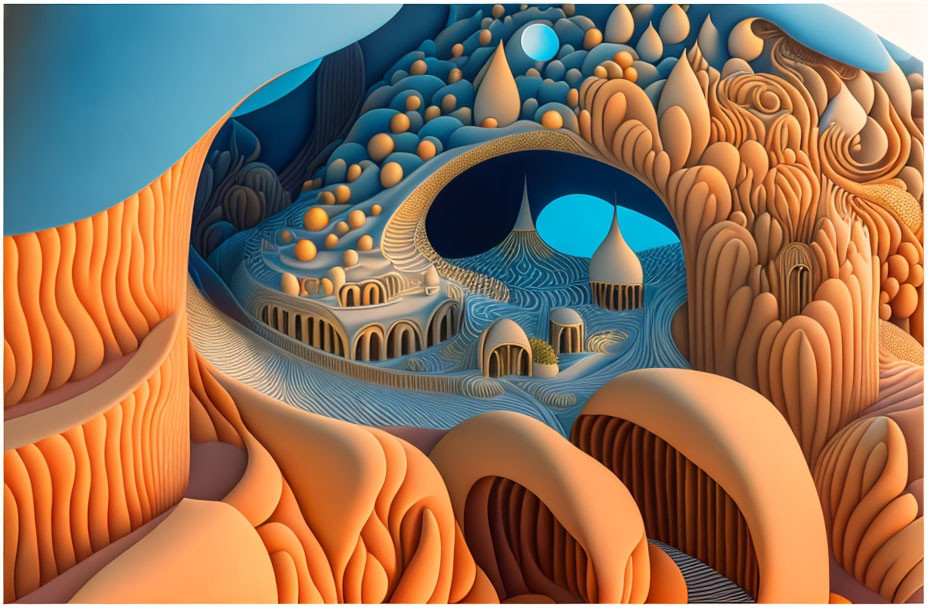 Abstract surreal landscape with flowing shapes, arches, and spheres in blues, oranges, and beiges