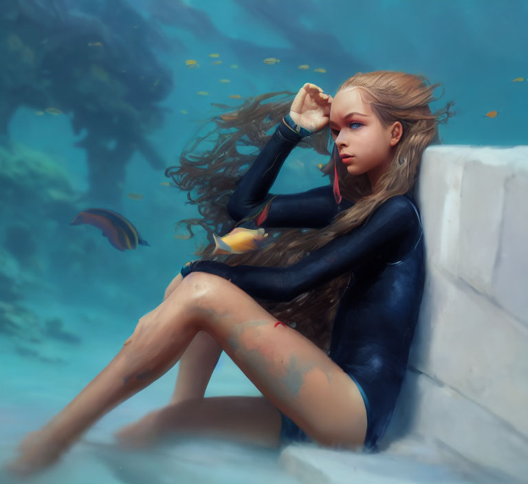 Woman in wetsuit sitting on underwater steps with fish in blue ocean