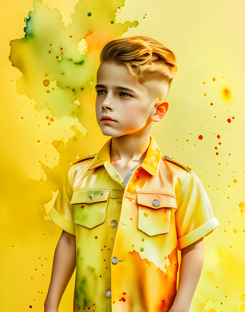 Young boy portrait with slicked hair in yellow-orange shirt against vibrant abstract background