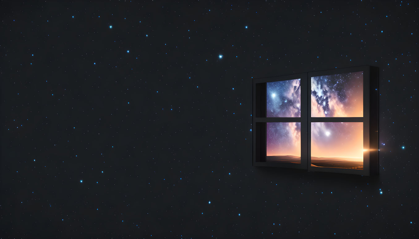 Surreal four-pane window in space with galaxy view and planetary sunrise