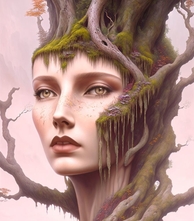 Surreal image of woman's face merging with tree details