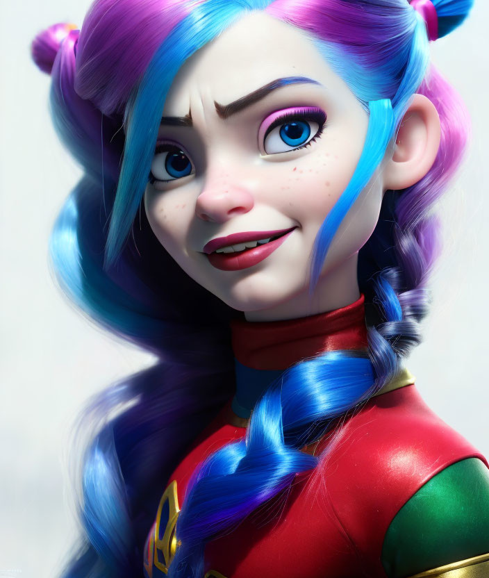 Digital Art: Female Character with Blue and Purple Pigtails and Colorful Costume