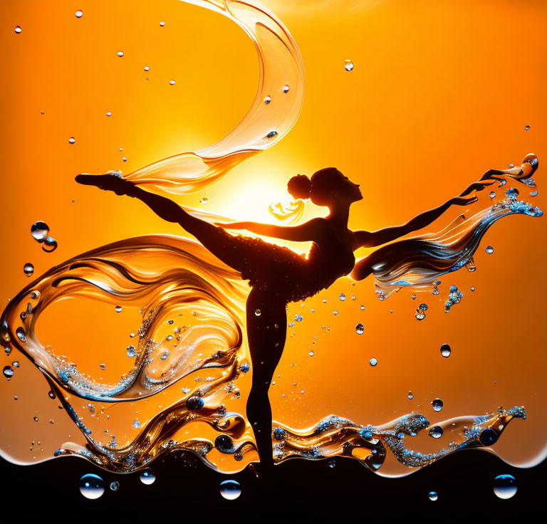 Ballet dancer silhouette with water splashes on orange background