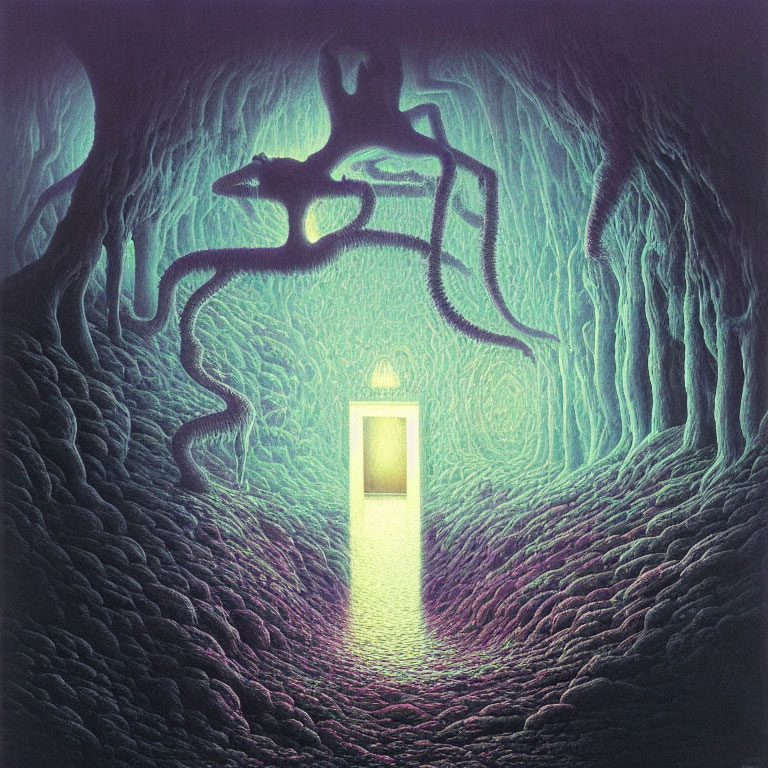 Glowing doorway in eerie, surreal landscape with textured walls.