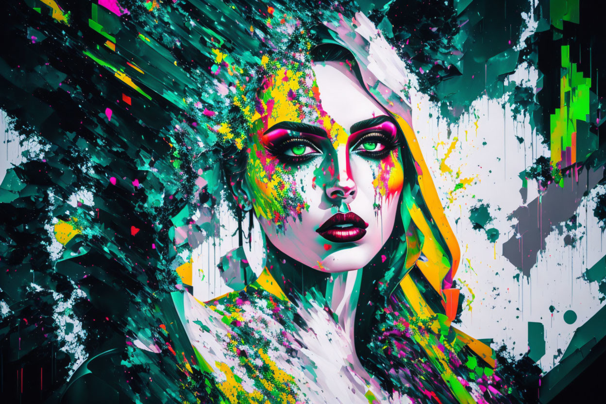 Colorful abstract digital artwork of woman's face with neon splashes.