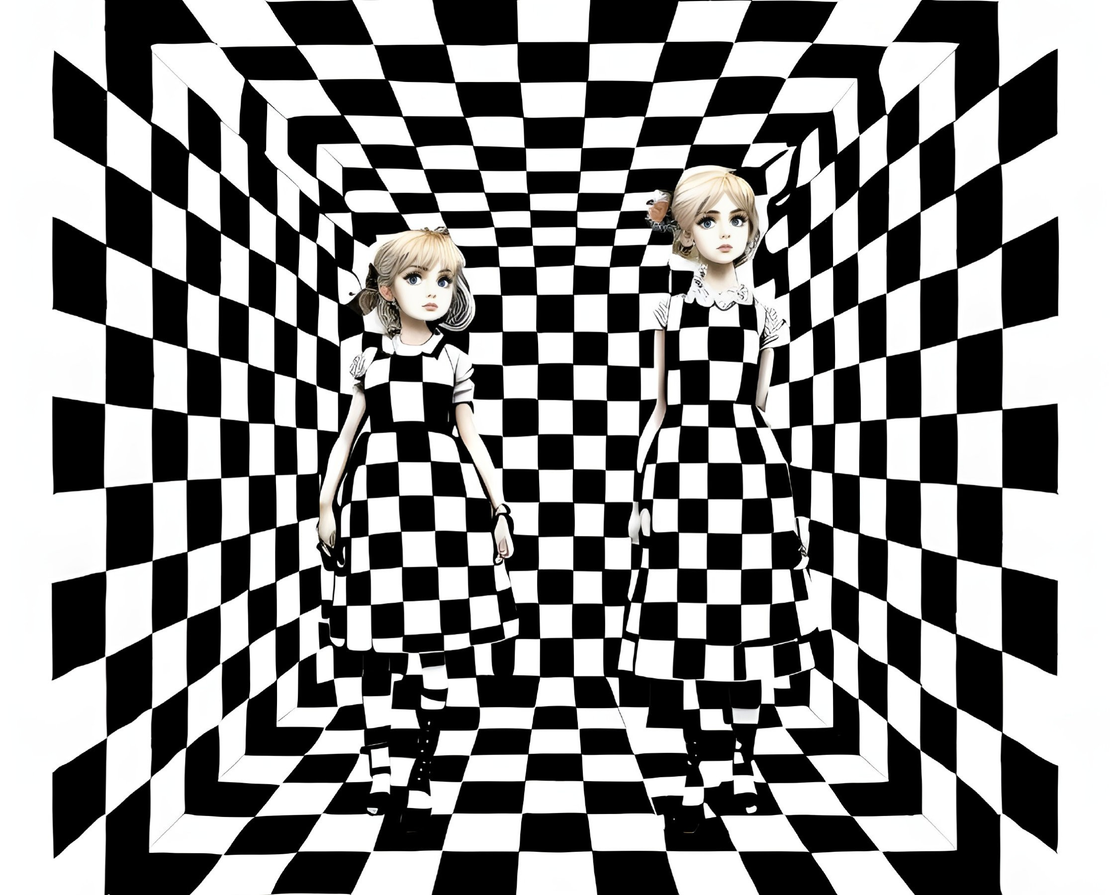 Identical dolls in black and white dresses in checkered tunnel with perspective illusion