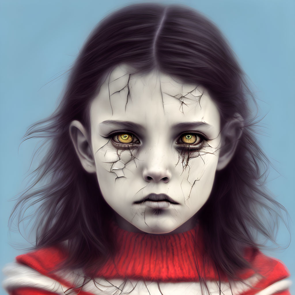 Digital illustration: Girl with green eyes, cracked skin, red turtleneck, light blue background