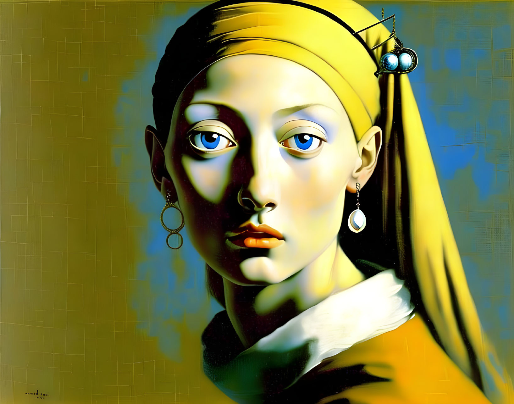 Stylized digital art portrait of a female figure with large eyes and yellow headscarf