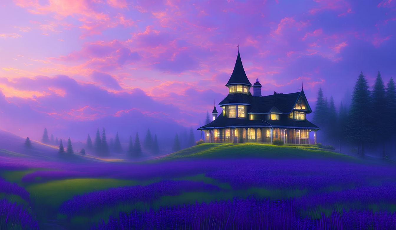 Majestic house on hill with lit windows, lavender fields, purple dusk sky