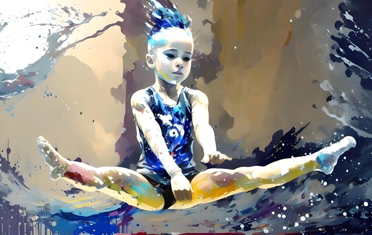 Vibrant artwork of child gymnast in split leap with colorful paint splashes