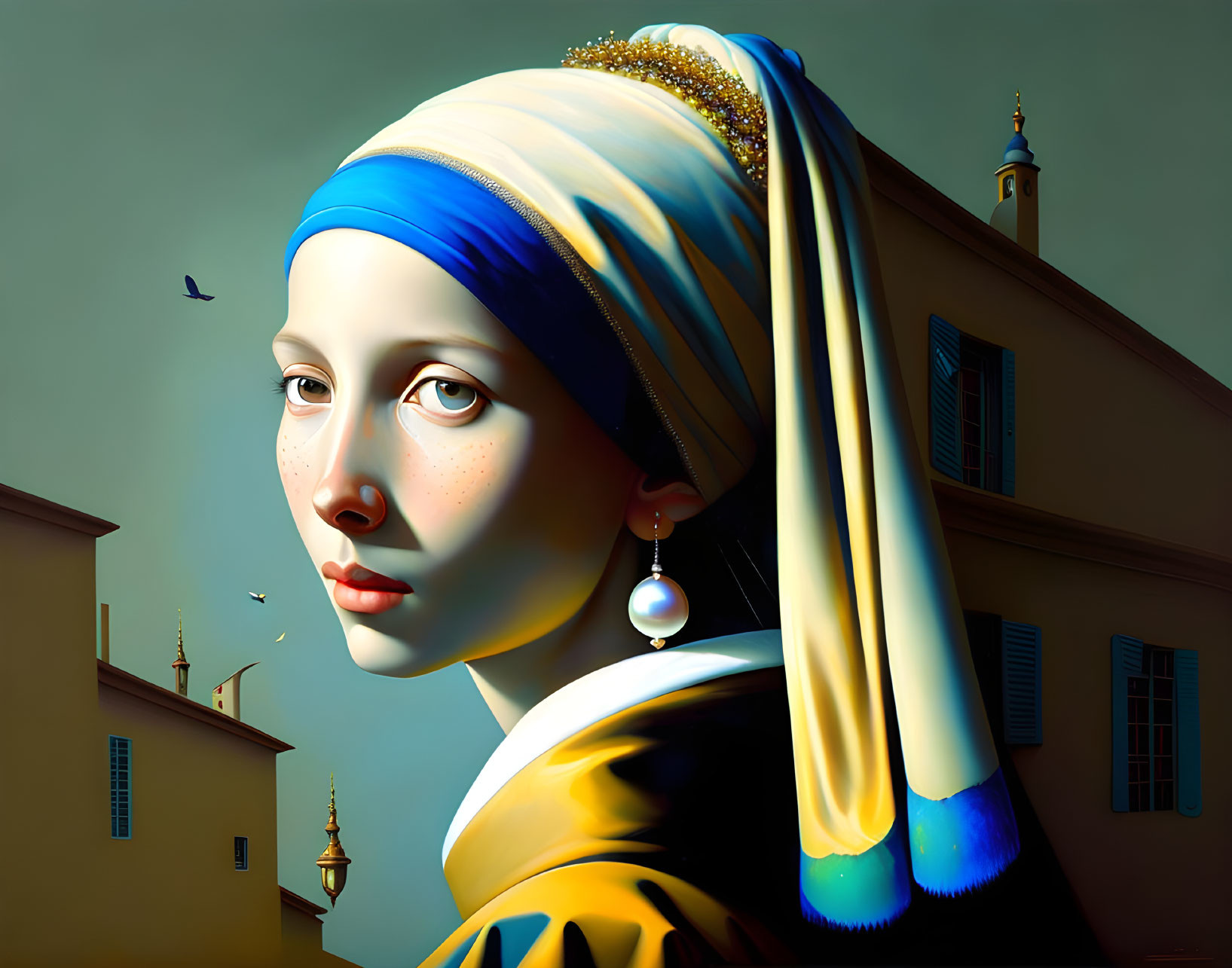 Reimagined digital artwork of a young woman with blue headscarf and large pearl earring