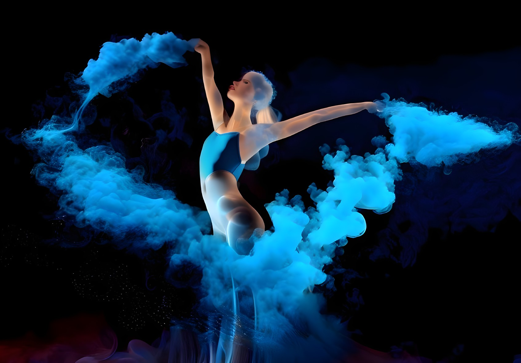 Digital artwork of ballet dancer in blue leotard amidst swirling blue smoke on black background