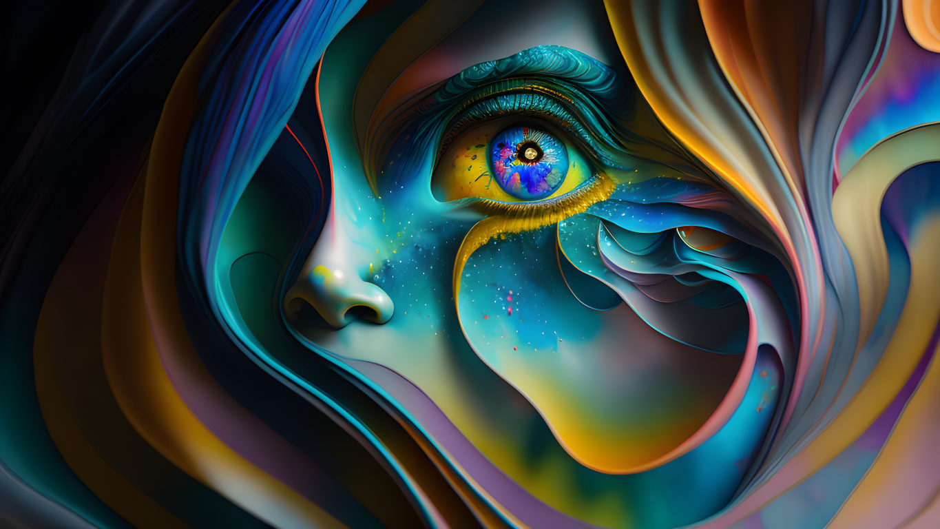 Colorful Abstract Digital Artwork with Detailed Eye on Dark Background