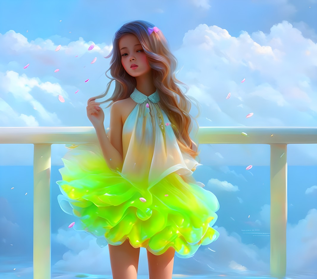 Digital artwork: Girl with flowing hair in yellow-green dress on balcony with dreamy sky and floating petals