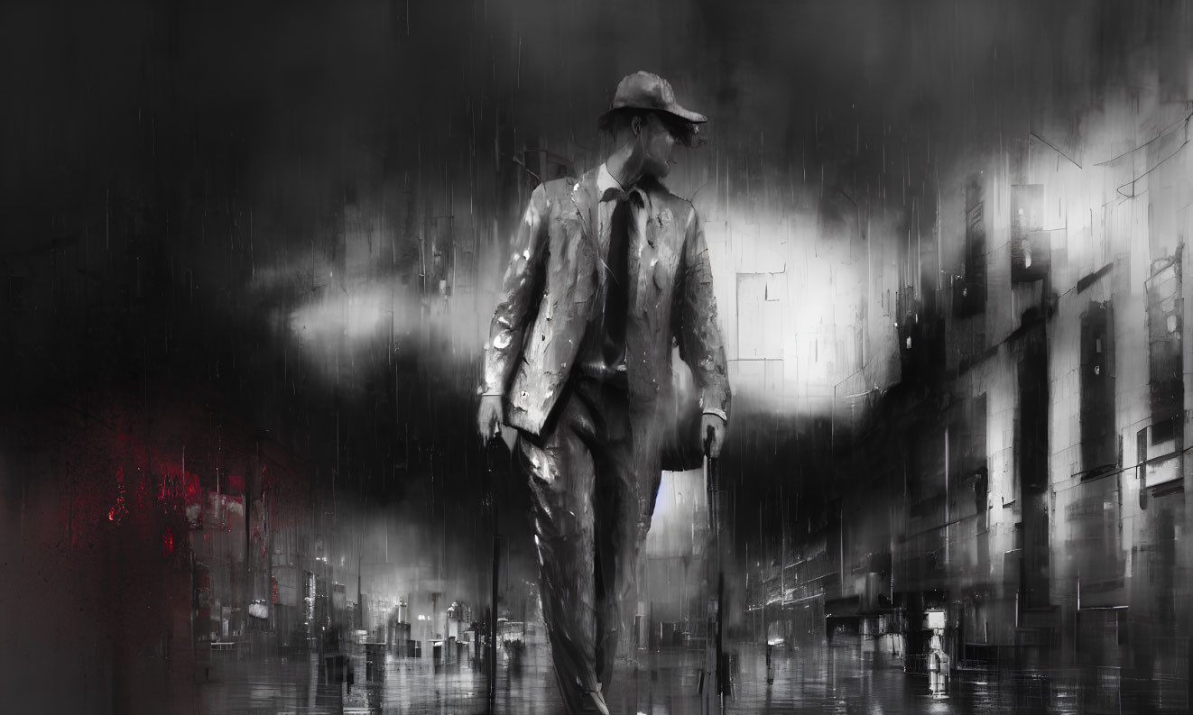 Mysterious figure in trench coat and hat on rainy city street