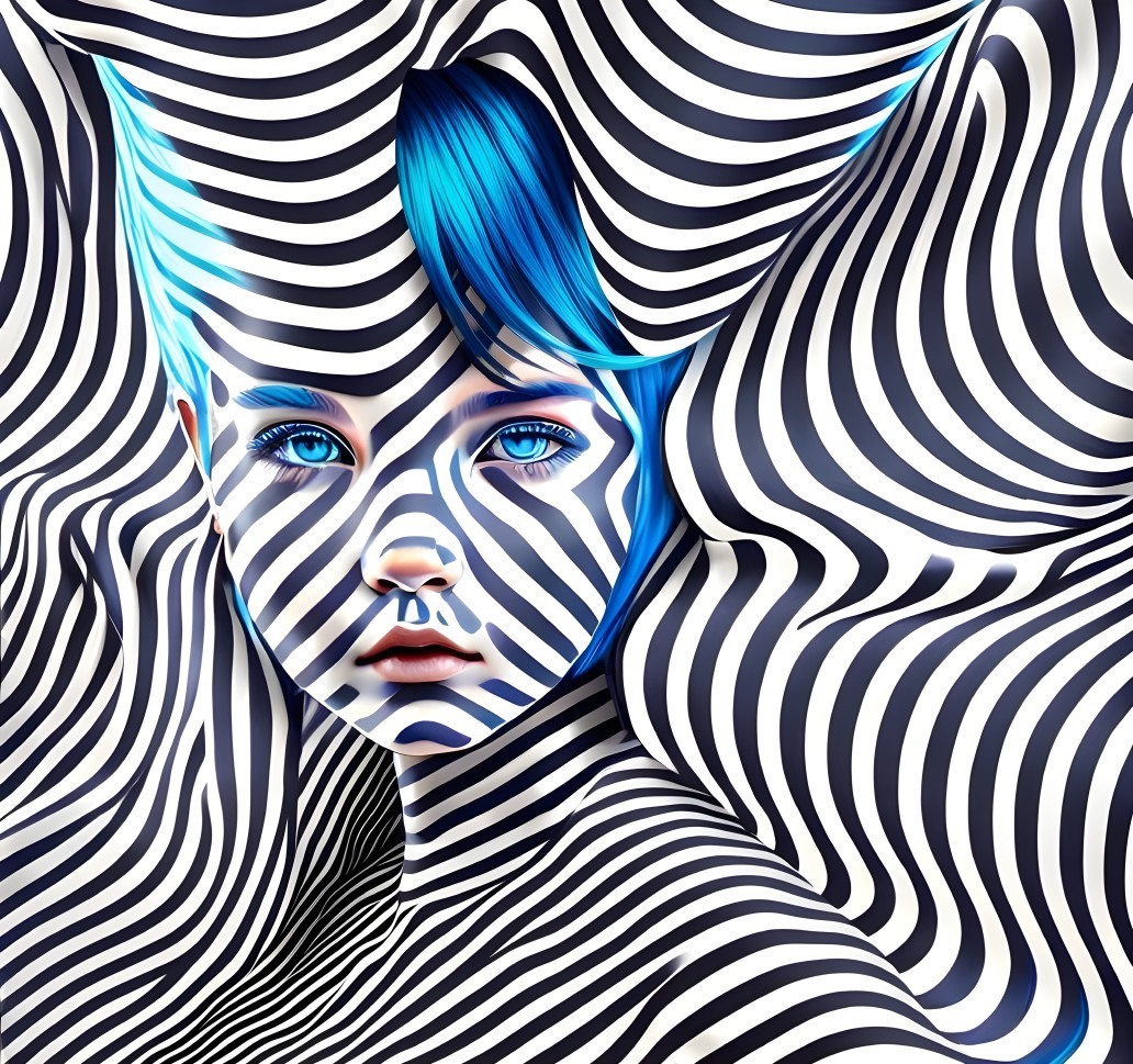 Surreal portrait of person with blue hair and eyes on striped background