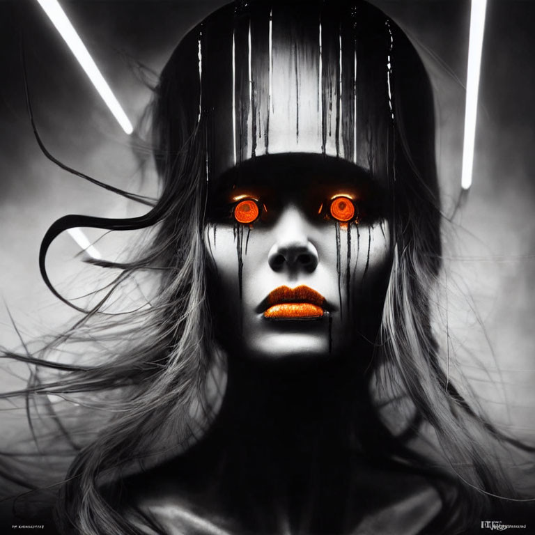 Monochrome portrait of woman with red eyes and lips, futuristic visor