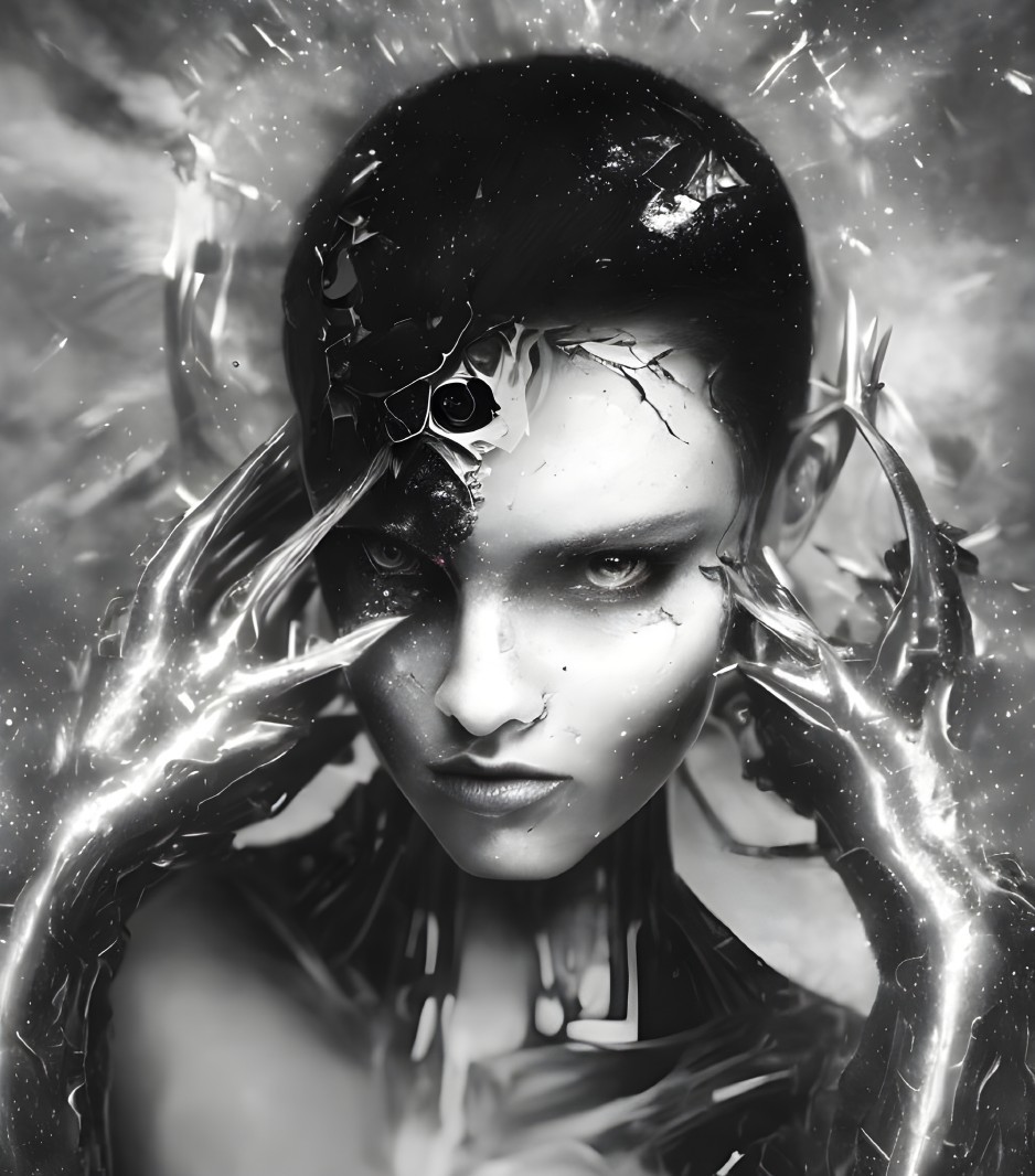 Futuristic monochrome portrait with fragmented visor and jagged adornments