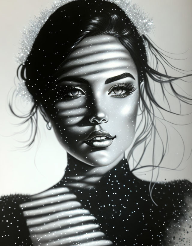 Monochrome portrait of a woman with sparkling accents and dynamic light and shadow play