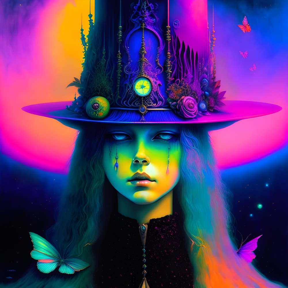 Colorful portrait with mystical hat against cosmic backdrop and butterflies