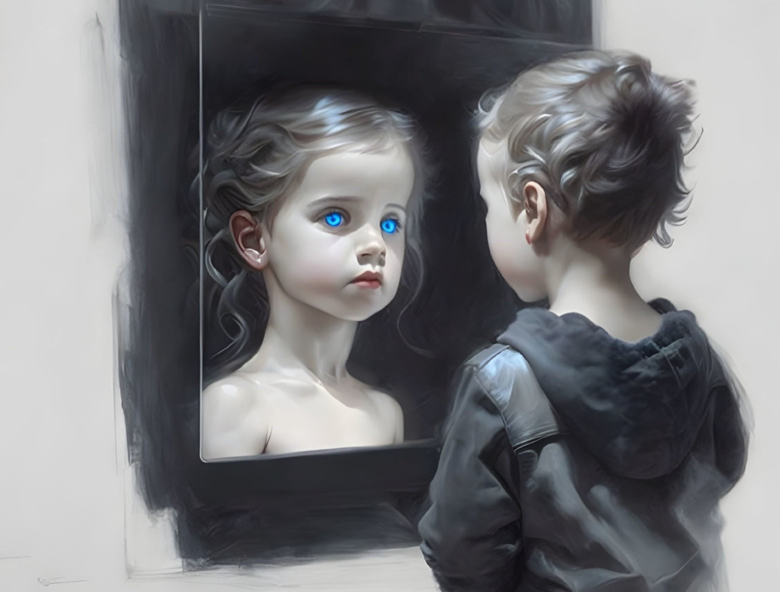 Painting of Child with Striking Blue Eyes and Contemplative Observer