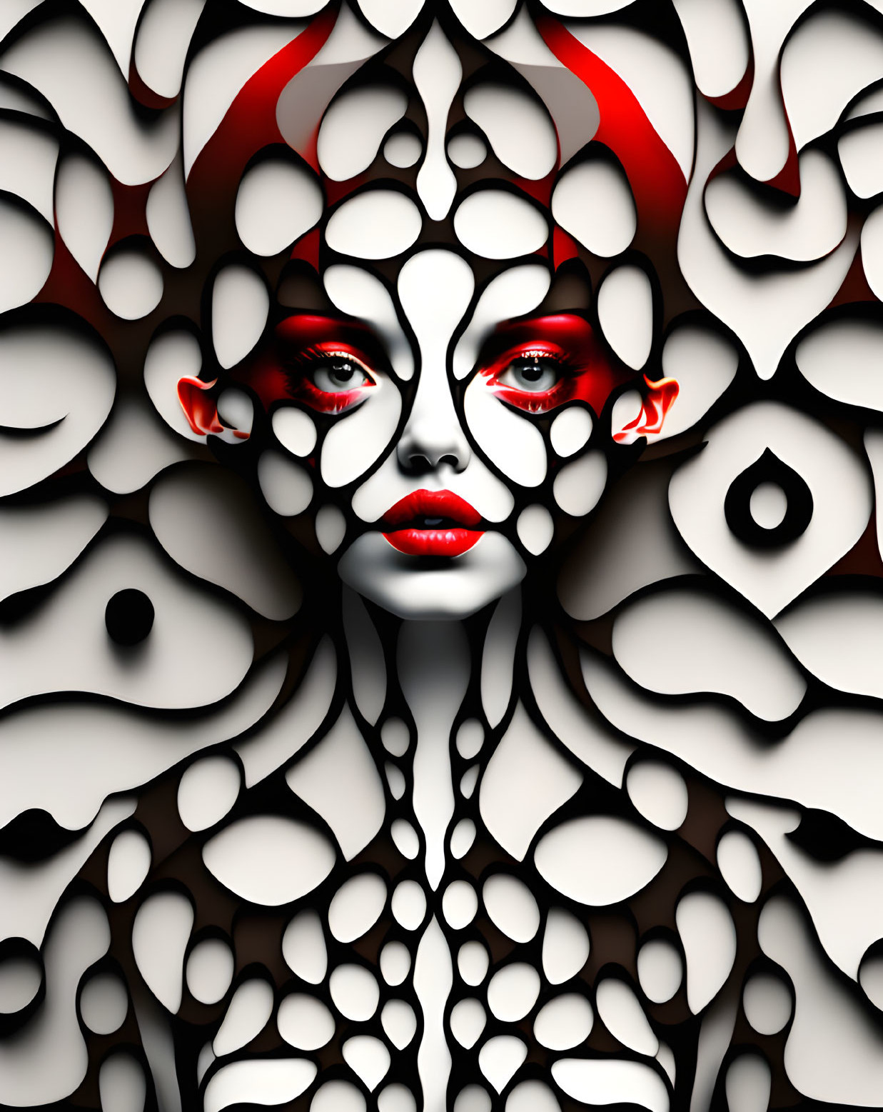 Surreal portrait of a woman with white and black patterned skin and red accents