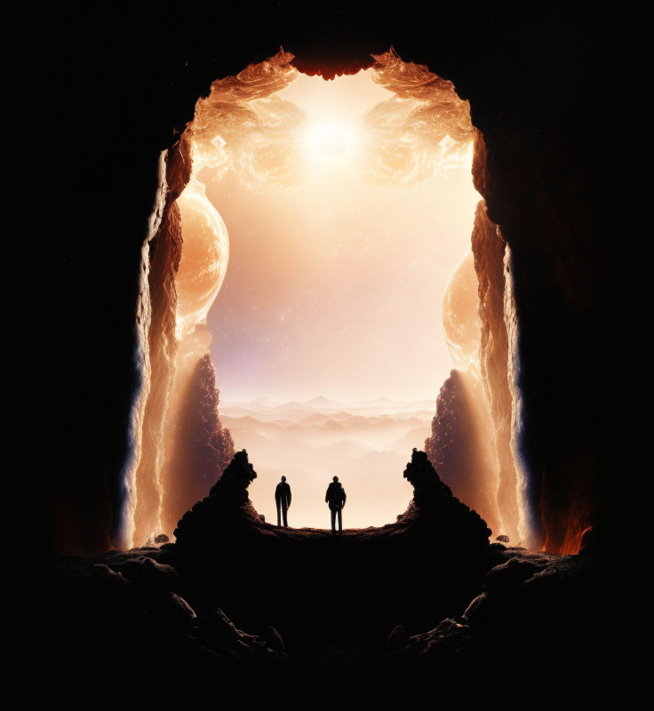 Silhouetted Figures at Cave Entrance with Surreal Landscape