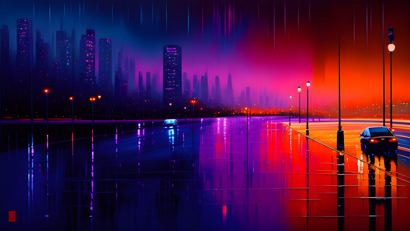 Digital artwork: Rainy cityscape at night with neon reflections