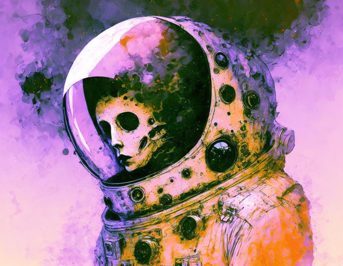 Astronaut helmet merging with moon texture on purple background