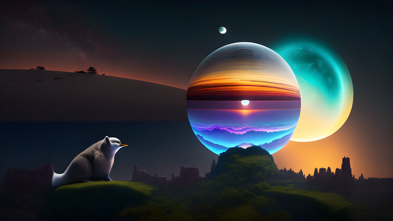 Surreal landscape featuring penguin, planets, city skyline, day-night skies