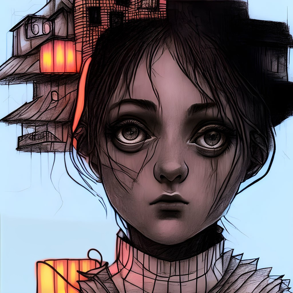 Urban portrait: girl with expressive eyes, hair as buildings