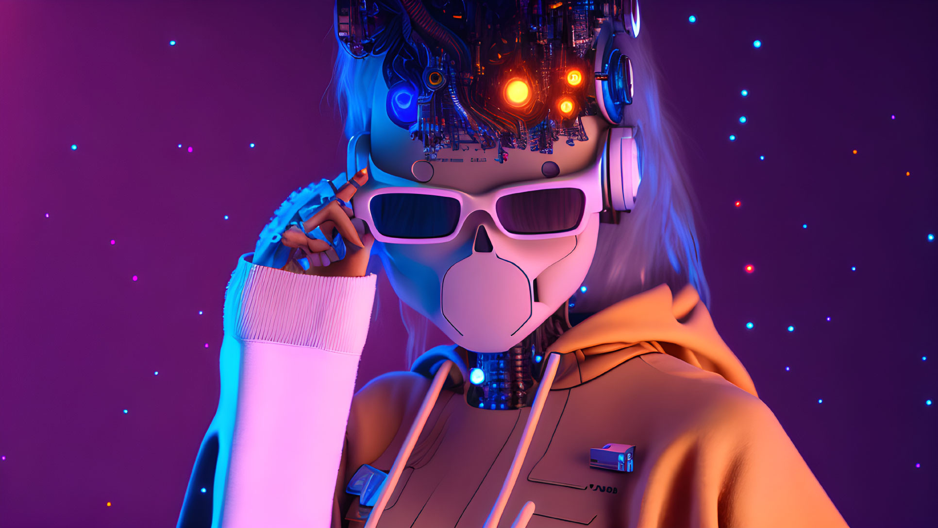 Female android with exposed circuitry, sunglasses, hoodie, and purple starry backdrop.