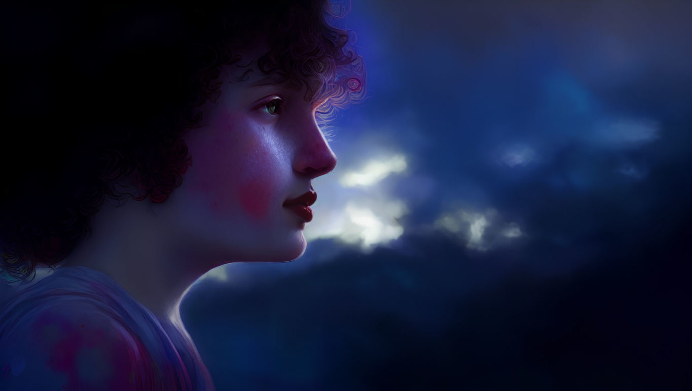 Profile of Person with Curly Hair Against Dark Cloudy Sky