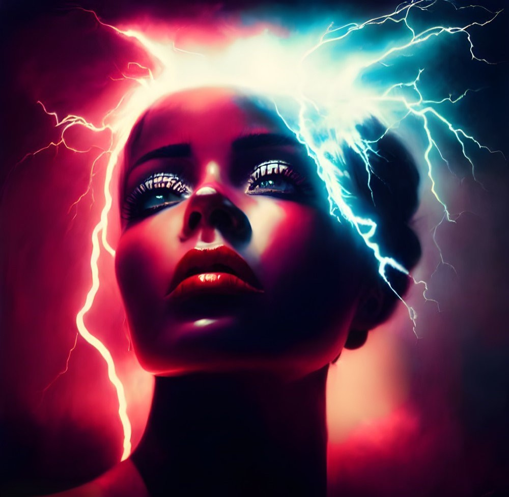 Digital artwork of woman with glowing eyes and red illuminated face, surrounded by blue lightning bolts