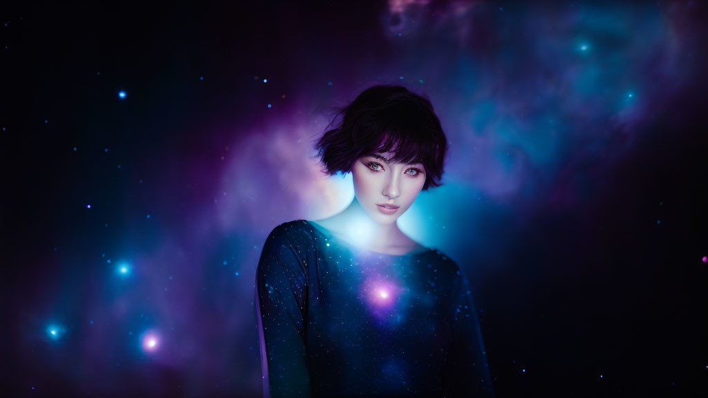 Woman with Cosmic Background and Stars for Ethereal Space Aesthetic