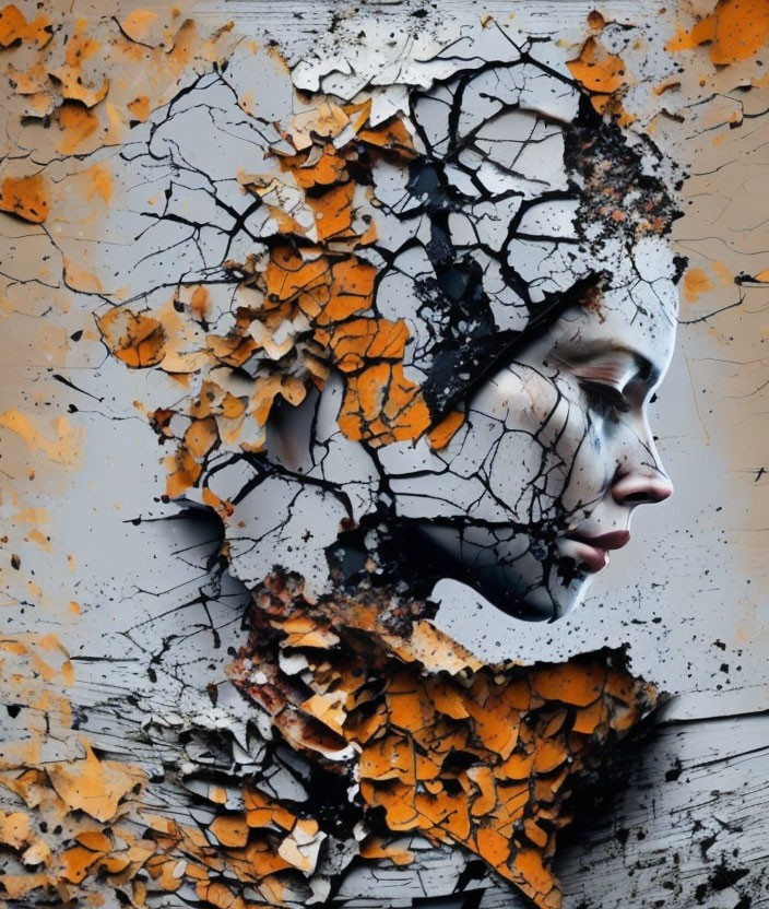 Woman's face merging with cracked paint in autumnal shades