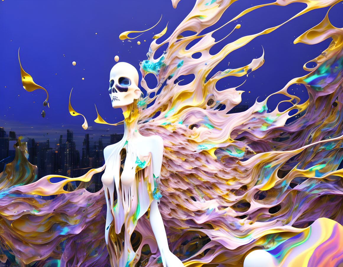 Surreal skeleton art against cosmic backdrop with vibrant colors