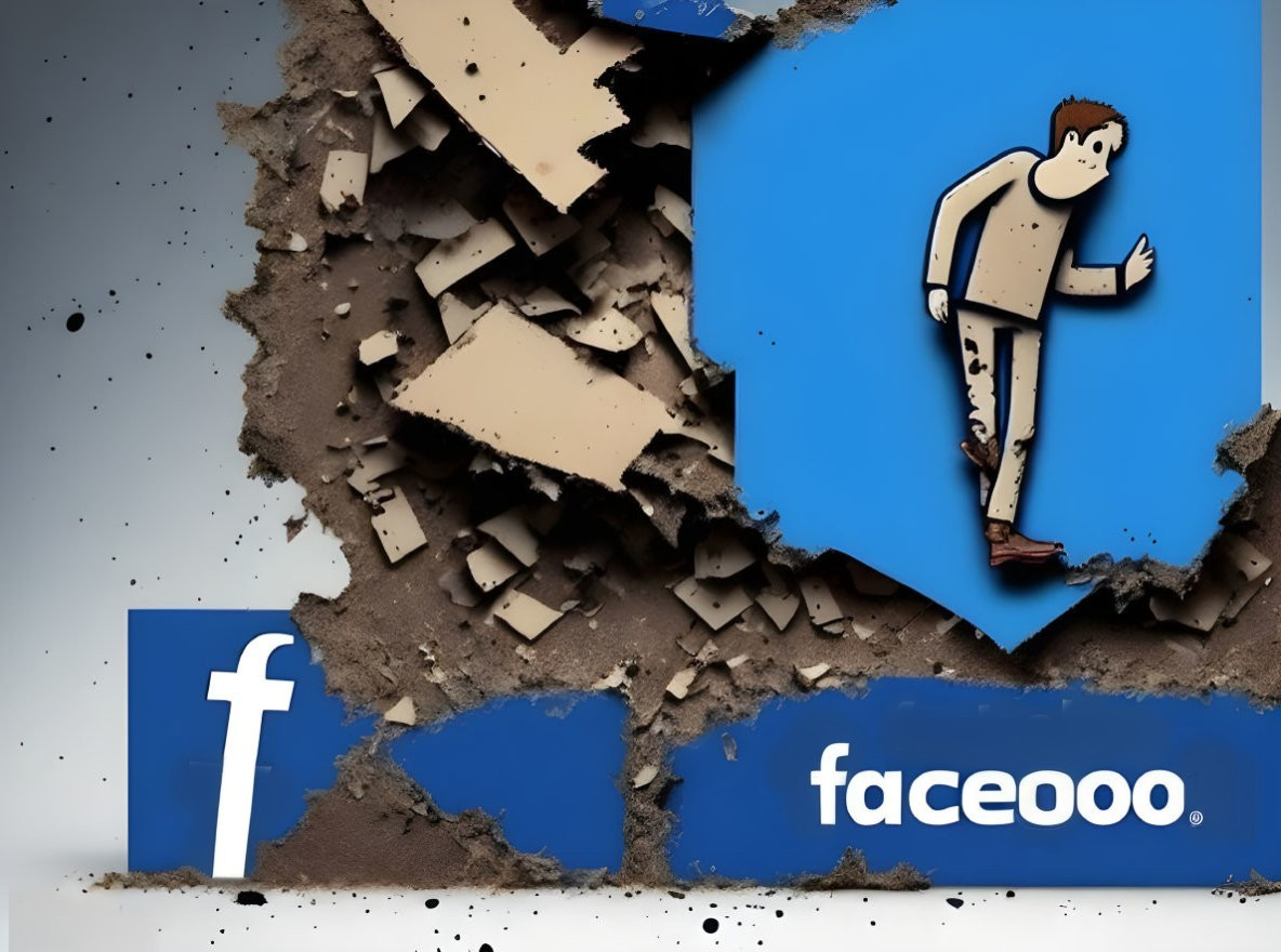 Man exiting broken Facebook logo wall in cartoon.