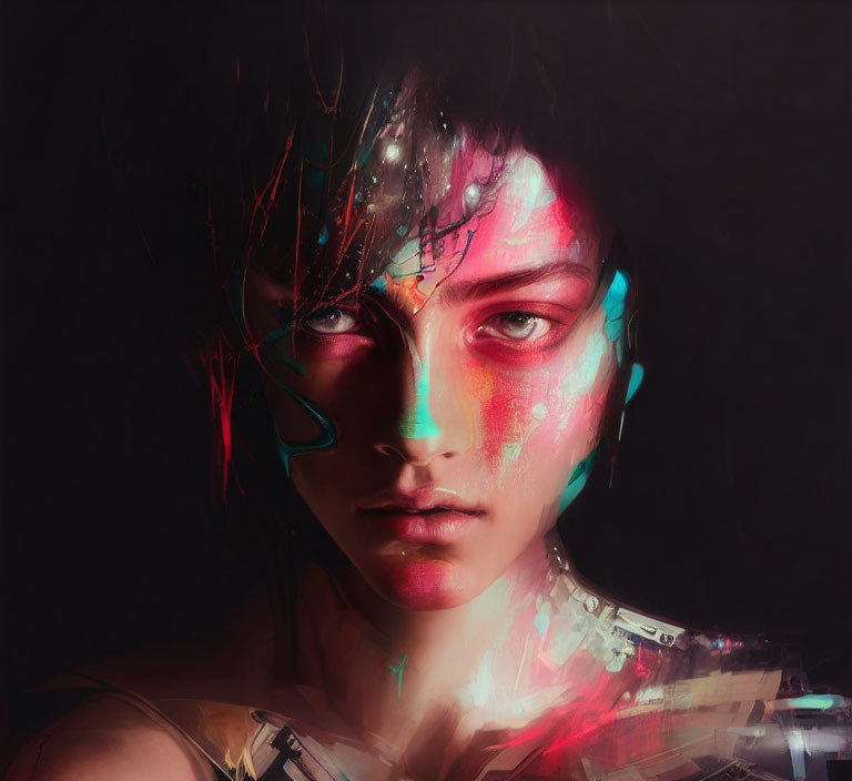 Colorful cosmic digital art overlay on portrait with striking gaze